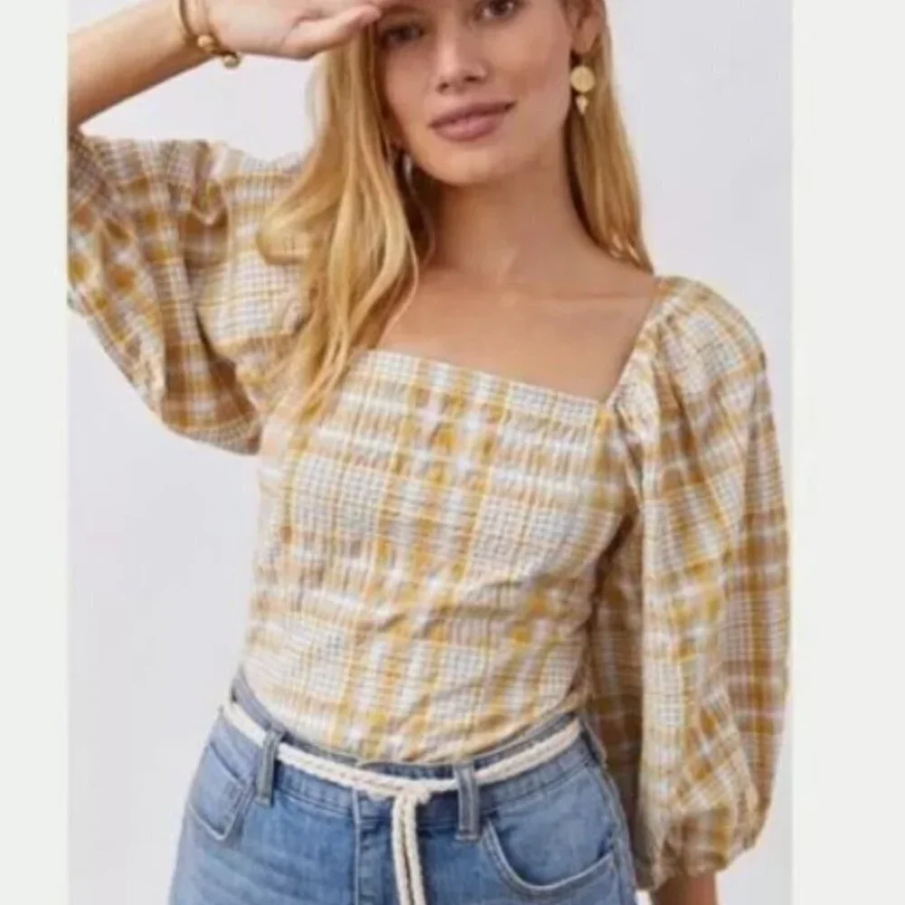 Anthro Maeve White & Yellow Plaid Smocked Blouse - Size M